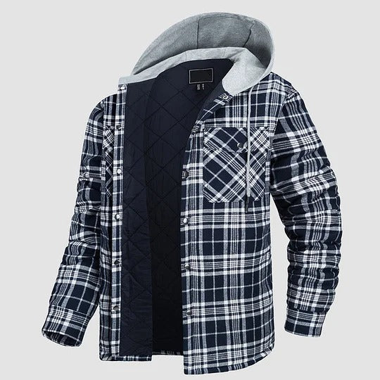 Men's Flannel Shirt Jacket with Hood Long Sleeve Quilted Lined Plaid Coat Button Down Thick Hoodie Outwear Winter