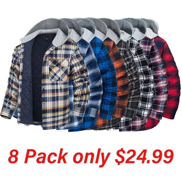 Men's Flannel Shirt Jacket with Hood Long Sleeve Quilted Lined Plaid Coat Button Down Thick Hoodie Outwear Winter