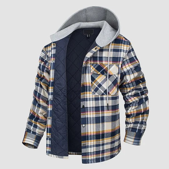 Men's Flannel Shirt Jacket with Hood Long Sleeve Quilted Lined Plaid Coat Button Down Thick Hoodie Outwear Winter