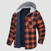 Men's Flannel Shirt Jacket with Hood Long Sleeve Quilted Lined Plaid Coat Button Down Thick Hoodie Outwear Winter
